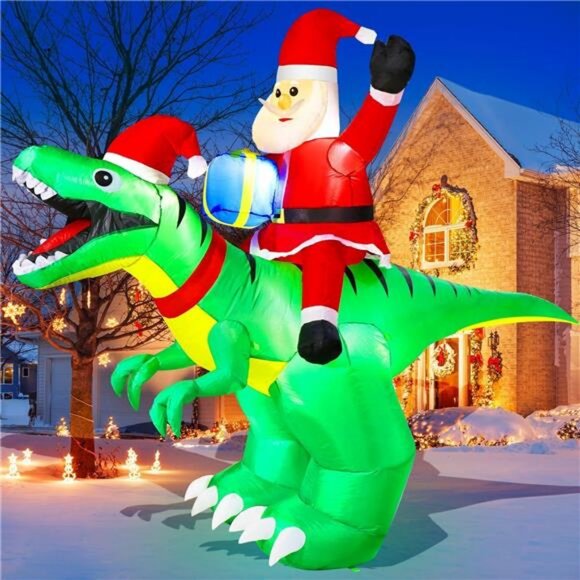 9x7FT Christmas Inflatables Decorations with LED Santa Ride on Dinosaur